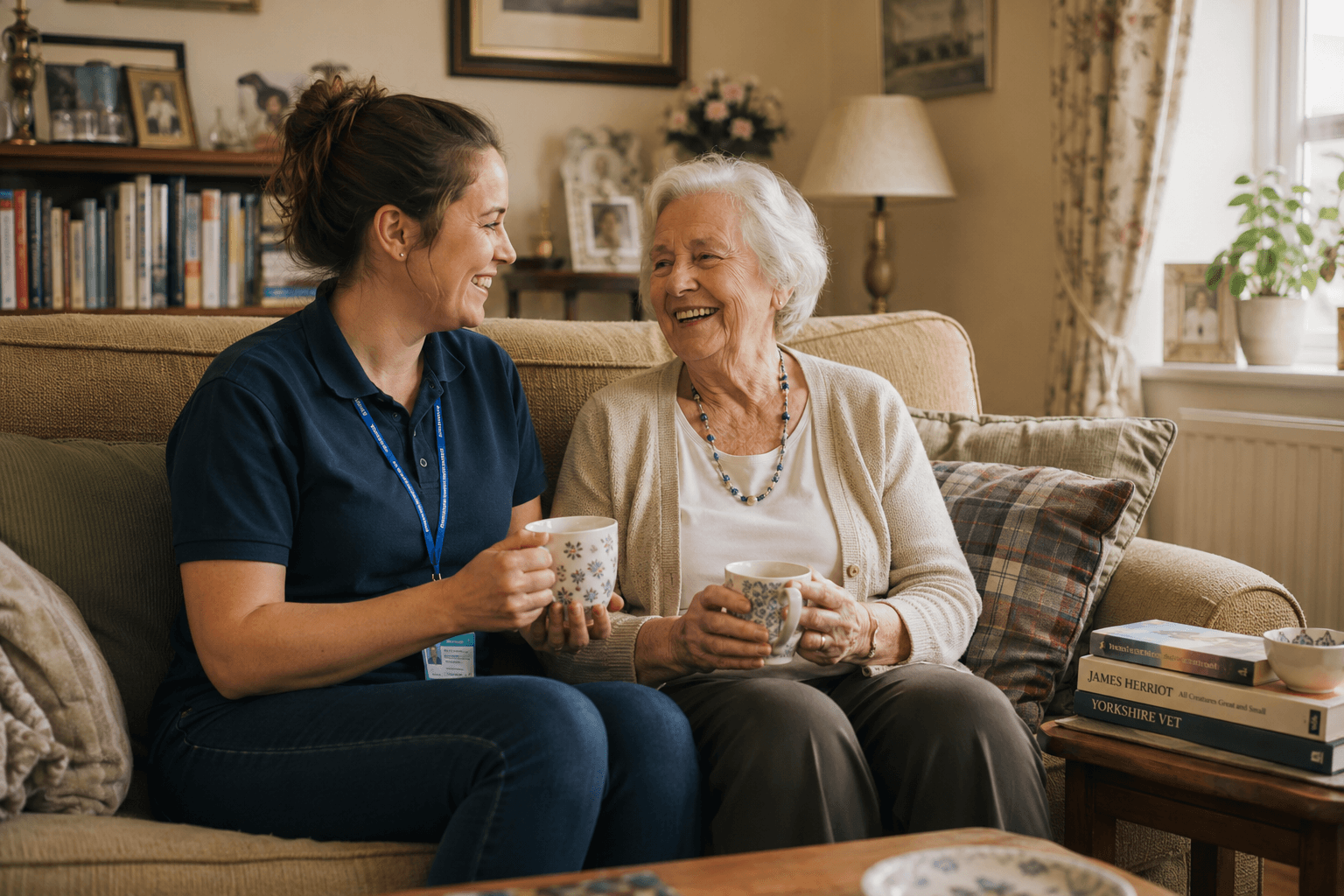 Friendly companionship visit at home with a cup of tea